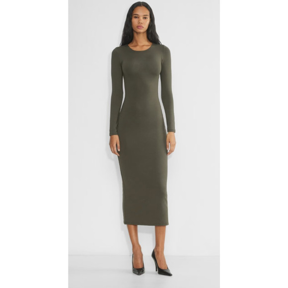 Aritzia Contour Crew Long Sleeve Bodycon Minimalist Glam Maxi Dress Olive Large - Picture 1 of 10